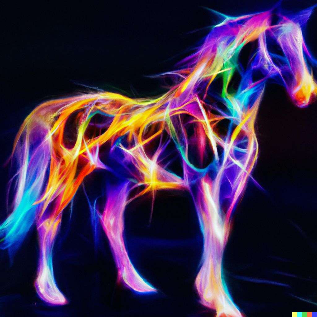 a horse, made from glowing multicolored luminescent fibers, digital art